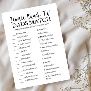 Iconische zwarte tv-vaderspel, babyshowergames, match de tv-vader met hun tv-show, bijpassende game, zwarte babyshowergames, direct downloaden