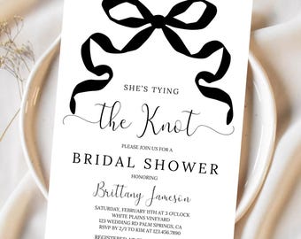 Editable Bridal Shower Invitation, She's Tying The Knot, Black  Bow Invite, Canva Template