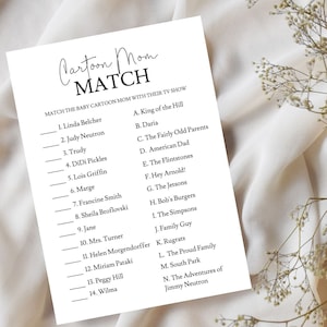 Gra Cartoon Mom Match Baby Shower, dopasuj mamy z kreskówek do ich programów telewizyjnych, gra dopasowująca Baby Shower, gra telewizyjna Trivia, natychmiastowe pobieranie