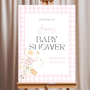 Rosa Gingham-Babyparty-Willkommensschild, Baby in Bloom-Babyparty, Willkommensposter, bearbeitbare Gingham-Baby-Babypartyschild-Vorlage
