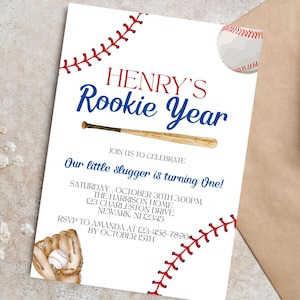 Baseball First Birthday Invitation, Rookie of the Year, Rookie Year First Birthday Invite Baseball 1st Birthday Editable Invitation Template