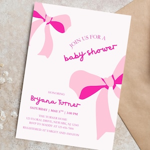 Pink Bow Baby Shower Invitation, Coquette Baby Shower Invite, Baby Girl Sprinkle, Pink Bows Invitation Editable Canva Template