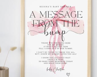 May include: A pink watercolor bow with the text "A Message From The Bump" and a poem about a baby coming soon. The poem ends with "baby Christina".