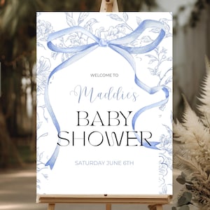 Blue Bow Baby Shower Welcome Sign, Baby in Bloom Baby Shower, Welcome Sign Printable, Editable Blue Bow Boy Baby Shower Sign Template
