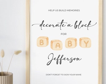 Decorate a Block Baby Shower Activity, Baby ABC Blocks Keepsake, Editable Canva Template