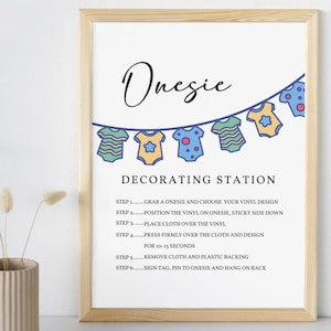 Babyshowerskylt för Onesie-dekorationsstation, värmepress och vinyl för Onesie-station, redigerbar mall för instruktioner för babyshoweraktiviteter