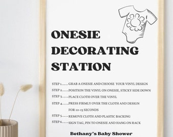 Onesie Making Station Baby Shower Sign, Decorate a Onesie Baby Shower Instructions, Heat Press and Vinyl, Editable Canva Template