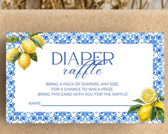 May include: A rectangular baby shower diaper raffle card with a blue and white tile design border. The card features lemons and the text "DIAPER raffle". The card also includes instructions and a space for a name.