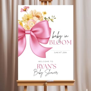 Baby In Bloom Baby Shower Welcome Sign, Pink Bow Coquette Baby Shower, Welcome Sign Printable, Floral Baby Shower Editable Canva Template