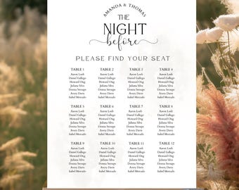 May include: A white wedding seating chart on an easel, with the names "Amanda & Thomas" and "The Night Before" in elegant script. The chart lists guest names under table numbers 1-12, perfect for wedding receptions.