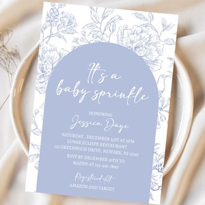 Baby in bloei baby strooi uitnodiging, babyshower uitnodiging, it&#39;s a baby strooi, jongen blauwe babyshower uitnodiging, bewerkbare canva-sjabloon