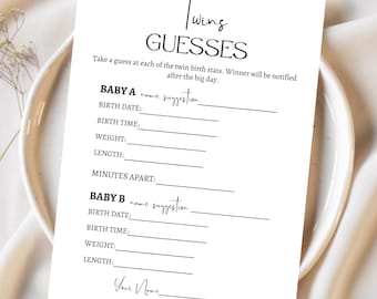 Twins Baby Guesses Baby Shower Game, Twins Baby Shower Games, Guess The Baby Birth Stats, Twin Baby Predictions, Editable Canva Template