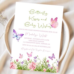 Butterfly Baby Shower Invitation, Butterfly Kisses and Baby Wishes, Baby Shower Invite, Butterflies and Flowers, Editable Canva Template