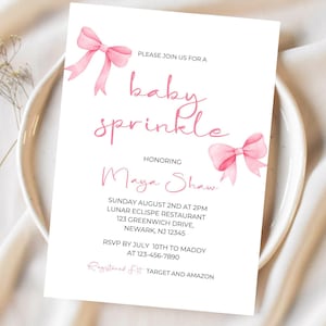 Pink Bow Baby Sprinkle Invitation, Coquette Baby Shower Invite, Soft Pink Ribbon Bows, Baby Girl Sprinkle, Editable Canva Template