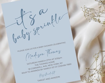 Zaproszenie na baby shower „It's A Baby Sprinkle”, neutralne pod względem płci, minimalistyczne zaproszenie na baby shower, niebieski szablon Canva do edycji dla niemowląt Sprinkle