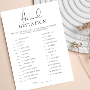 Jeu de baby shower sur la gestation des animaux, jeu de grossesse avec des animaux, combien de temps chaque animal est-il enceinte, modèle sur toile modifiable de jeu de douche minimaliste