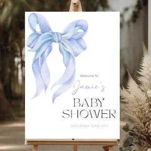 Blue Bow Baby Shower Welcome Sign, Blue Bow Welcome Sign Printable, Editable Blue Bow Boy Baby Shower Sign Template, Boy Baby Shower Welcome