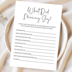 Babyshowerspel What Did Mommy Say, raad eens wat mama zei, vraag het aan mama-spel, maak de zin af, minimalistische babyshower, bewerkbare canva-sjabloon
