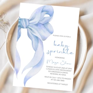 Blauwe strik babyshower uitnodiging, babyshower jongen uitnodigen, babyjongen strooi, babyshower, moderne babyshower, bewerkbare canvassjabloon