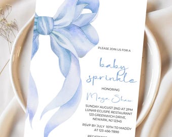 Blue Bow Baby Sprinkle Invitation, Boy Baby Shower Invite, Editable Canva Template