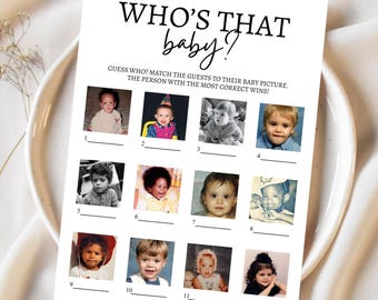 May include: A printable baby shower game with the text "Who's That Baby?" and 12 baby pictures. Guests must guess which baby picture matches each guest.