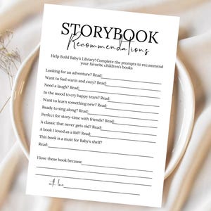 Storybook Baby Shower, Babypartyspiele, Storybook Empfehlungskarte, Empfehlen A Storybook Baby Shower Aktivität bearbeitbare Canva Vorlage