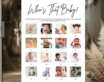 May include: A white sign on an easel with the text "Who's That Baby?" and a grid of sixteen baby photos. The sign is for a baby shower game, inviting guests to match the baby pictures to the guests.