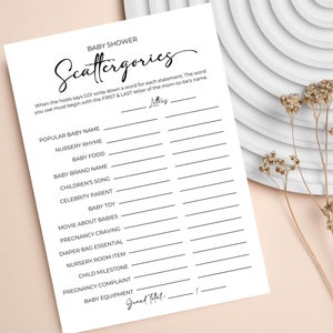 Scattergories babyshowerspel, minimalistisch douchespel, Scattergories babyshower, babycategorieën, spel met babyartikelen, bewerkbare canvassjabloon