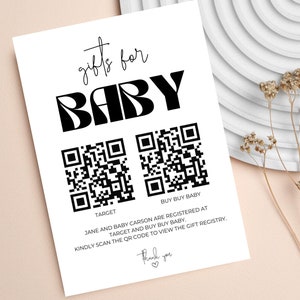 Babyparty-Registrierkarte mit QR-Codes, Babygeschenke-Registrierkarte, Geschenke für Babykarte, Babypartygeschenke, bearbeitbare Canva-Vorlage