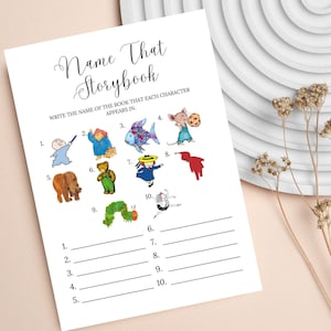 Gioco per baby shower "Indovina il libro di fiabe", gioco con titoli di libri di fiabe, personaggi di libri di fiabe per bambini, modello Canva modificabile
