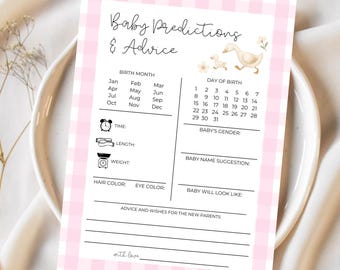 May include: A pink and white gingham baby shower game card with the text "Baby Predictions & Advice." The card includes sections for birth month, day of birth, baby's gender, and advice for the parents. Decorative image of ducks.