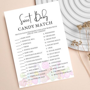 Süßes Baby Candy Match Spiel, Babypartyspiele, Schwangerschaft Candy Match Spielkarte, Babyparty Matching Spiel, bearbeitbare Canva Vorlage