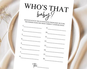 Who's That Baby Photo Game, Printable Baby shower Games, Guess Who Card, Editable Template