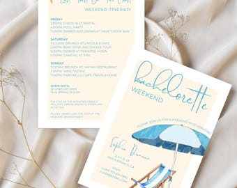 May include: Two invitation cards with a beach theme. One card says "Last Toast On The Coast" with a weekend itinerary. The other card says "Bachelorette Weekend" with a beach umbrella and chair illustration.