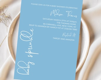 Blue Baby Sprinkle Invite, Minimalist Baby Boy Shower Invitation, Canva Template ( Digital Download )