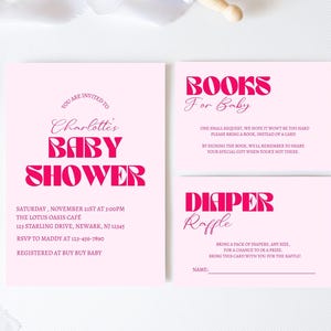 Pink Baby Girl Baby Shower Invitation Suite, Minimalist Baby Girl Shower, Diaper Raffle, Books For Baby, Girl Baby Shower Invite Template