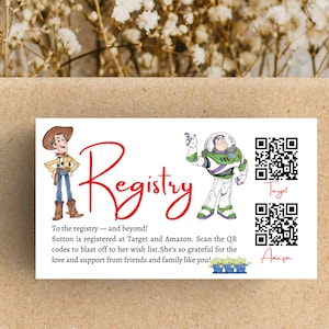 Boy Story-Babyparty-Registry-Karte mit QR-Codes, Geschenken für Baby-Karte, Scan für Baby-Registry, Babypartygeschenken, bearbeitbare Vorlage
