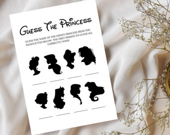 May include: A printable game card with the text "Guess the Princess" and silhouettes of eight Disney princesses. The text below the title instructs players to guess the name of each princess from the silhouettes. The first person to guess all correctly wins.