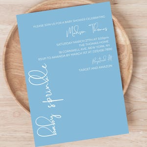 It&#39;s A Baby Sprinkle, blauwe babyshoweruitnodiging, jongensbabystrooisel uitnodigen, minimalistische babyshoweruitnodiging, bewerkbare canvassjabloon