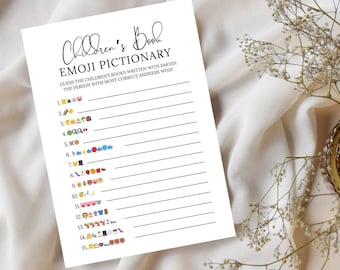 Juego de emojis para baby shower, juegos para baby shower, juego de Pictionary con emojis para libros infantiles, adivinen el cuento, plantilla editable de Canva