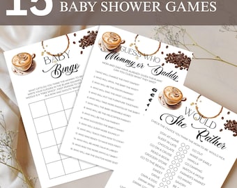 Paquete de juegos para baby shower "A Baby Is Brewing", Cafe Bebe, plantilla editable de Canva (descarga digital)