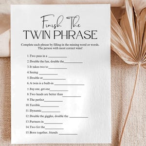 Twins Baby Shower Games, Finish the Twin Phrase, Twin Baby Shower, Fill in the Blanks, Minimalist Game, Editable Canva Template