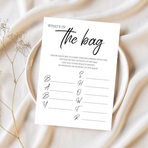 What&#39;s In The Bag Baby Shower Game, Baby Items Guessing Game, Minimalist Baby Shower, Guess Whats In The Bag Game Printable Instant Download