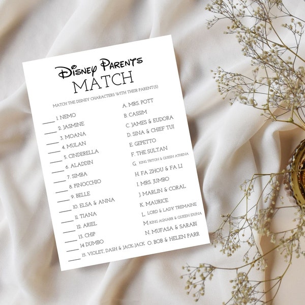 Parents Matching Baby Shower Game Card, Match The Parents To Some of Your Favorite Characters, Digital Printable