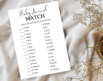 Baby Animal Match Game, Baby Shower Game, Match The Baby Animal to its Mother, Baby Shower Matching Game, Baby Animal Game, Instant Download