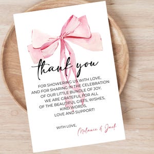 Pink Bow Baby Shower Thank You Card, Modern Thank You Note, Baby Girl Thank You Card Printable, Elegant Pink Bow Editable Canva Template