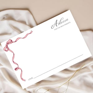 Conseils pour l'activité baby shower des nouveaux parents, carte d'activités Conseils pour les futurs parents avec un noeud rose, modèle de toile modifiable