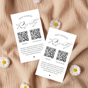 Cadeaux pour bébé, carte de registre de baby shower avec codes QR, numérisation de registre de baby shower, modèle canva modifiable de cadeaux de bébé, FREEBIE inclus