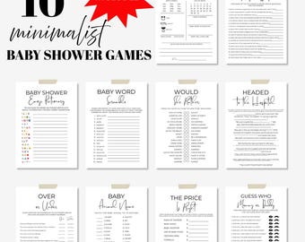 May include: A collection of ten minimalist baby shower games printed on white cards. The games include "Baby Shower Emoji Pictionary", "Baby Word Scramble", and "Would She Rather". A red starburst graphic reads "Bonus Included".