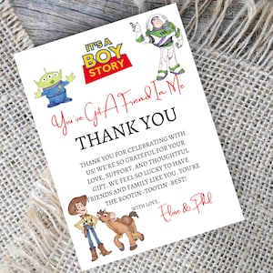 Cartão de agradecimento para chá de bebê "Its A Boy Story", Cartão de agradecimento para chá de bebê "Toy Story", Cartão de agradecimento para impressão, modelo editável do Canva
